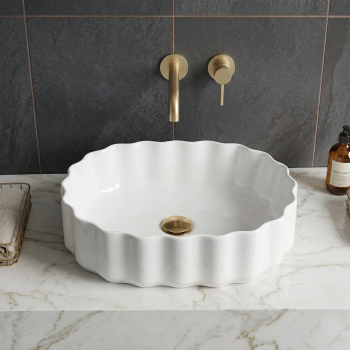 Bassino White Fluted Oval Countertop Wash Basin – Modern Ceramic Vessel Sink (19" x 13" x 6")