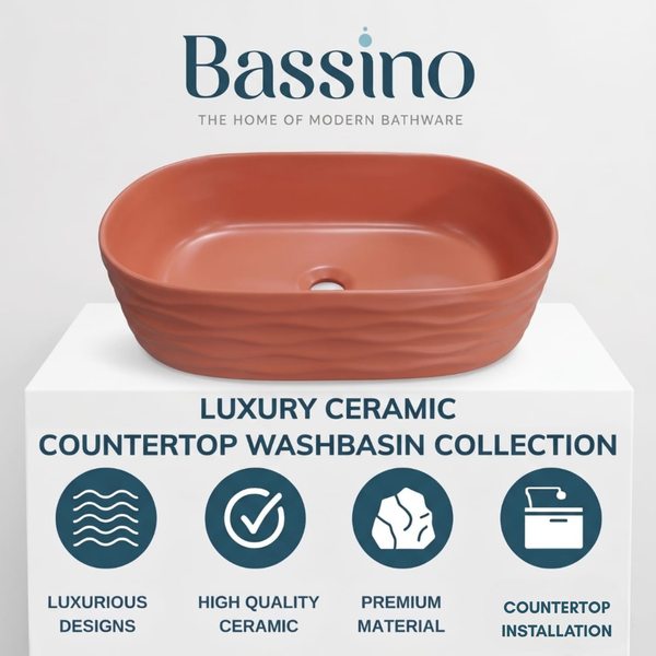 Bassino 20" Matte Red Wave-Textured Oval Ceramic Countertop Wash Basin – Designer Vessel Sink (20" x 12" x 6")