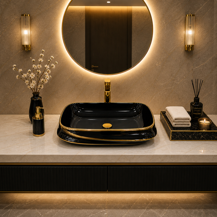 Bassino 25" x 18" Luxury Countertop Wash Basin – Premium Black & Gold Rectangular Ceramic Vessel Sink (24.6" x 17.7" x 5.9")