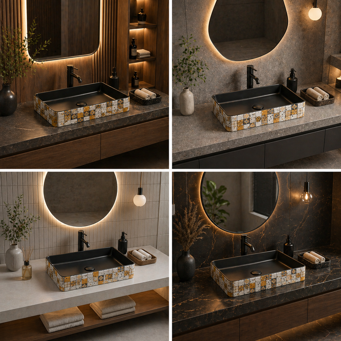 Bassino 24" Rectangular Countertop Wash Basin – Designer Mosaic Ceramic Vessel Sink (23.6" x 13.8" x 4.3")