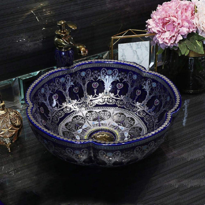 Designer Round Ceramic Wash Basin (Glossy Blue, Floral Art Design 16.5 x 16.5 x5 In- AB601)