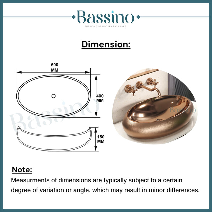 BASSINO Ceramic Wash Basin Rosegold Table Top Washbasin Countertop Vessel Sink for Bathroom Kitchen Dining Living Room Modern Ceramic Basin Solid Surface Installation 24x16x6 Inch (BTT-1054)