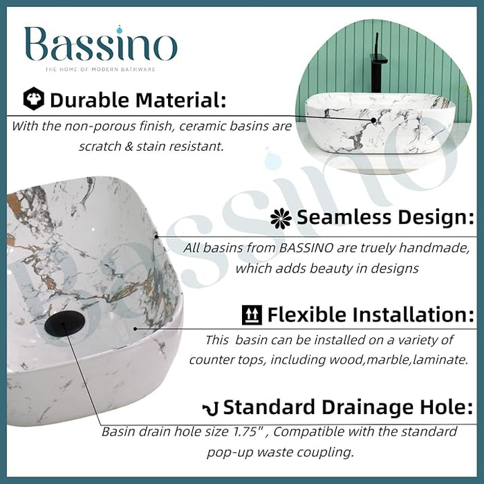 Premium White Marble Ceramic Table Top Basin (18x13x5 In) BTT-751-IN