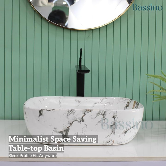 Premium White Marble Ceramic Table Top Basin (18x13x5 In) BTT-751-IN