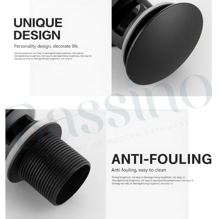 Bassino 6" Heavy-Duty Brass Rust-Proof Pop-Up for Basin | Black glossy Waste Coupling 32mm (6 Inch) Drain Coupling