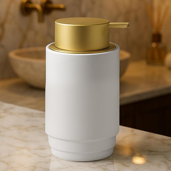 Premium Ceramic Liquid Soap Dispenser, Gold Pump White