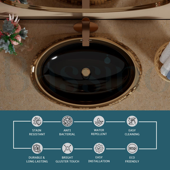 BASSINO Ceramic Wash Basin Black Rosegold Table Top Washbasin Countertop Vessel Sink for Bathroom Kitchen Dining Living Room Modern Ceramic Basin Solid Surface Installation 24x16x6 Inch (BTT-11308)