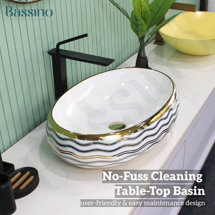 BASSINO Art Ceramic Wash Basin for Bathroom, Living Room, Hall, Dinning Room/Decorative Tabletop Sink for Kitchen/Countertop Vessel Sink for Hotels-White Gold,(24x16x6 Inch)