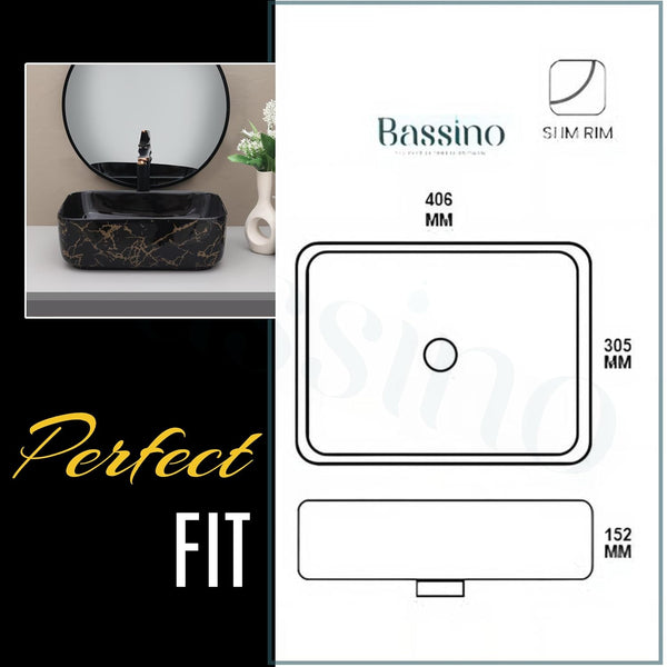 Designer Black Gold Ceramic Table Top Wash Basin (16x12x6 In) BTT-11421-IN