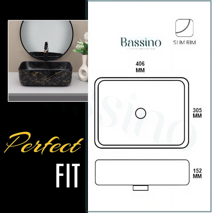 Designer Black Gold Ceramic Table Top Wash Basin (16x12x6 In) BTT-11421-IN