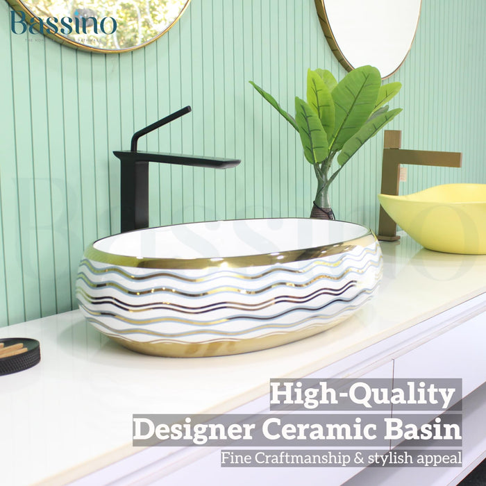BASSINO Art Ceramic Wash Basin for Bathroom, Living Room, Hall, Dinning Room/Decorative Tabletop Sink for Kitchen/Countertop Vessel Sink for Hotels-White Gold,(24x16x6 Inch)
