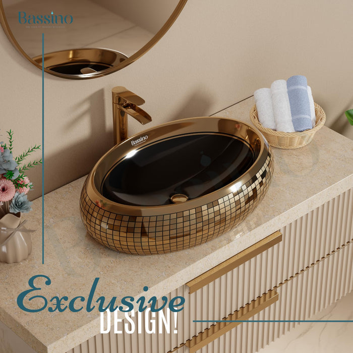 BASSINO Ceramic Wash Basin Black Rosegold Table Top Washbasin Countertop Vessel Sink for Bathroom Kitchen Dining Living Room Modern Ceramic Basin Solid Surface Installation 24x16x6 Inch (BTT-11308)