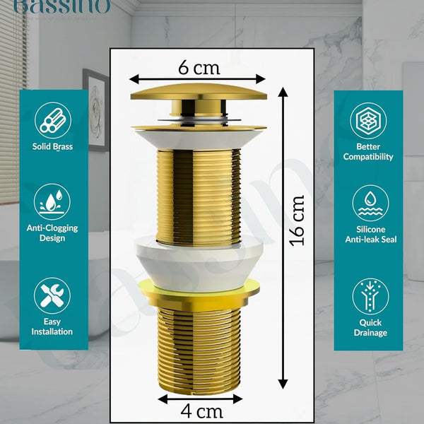 Bassino 6" Heavy-Duty Brass Rust-Proof Pop-Up for Basin | Waste Coupling 32mm (6 Inch) Drain Coupling Gold Matt