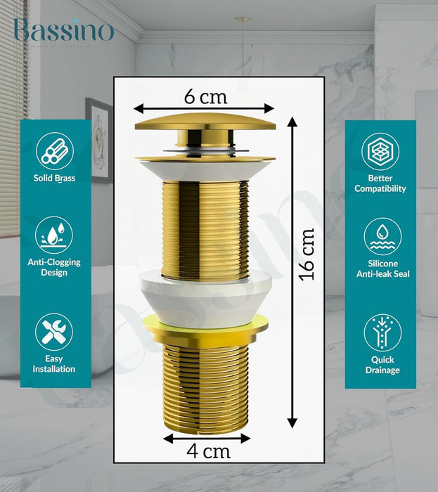 Bassino 6" Heavy-Duty Brass Rust-Proof Pop-Up for Basin | Waste Coupling 32mm (6 Inch) Drain Coupling Gold Matt