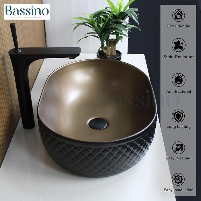 Premium Black Brown Ceramic Table Top Basin (20x14x6 In) BTT-11079