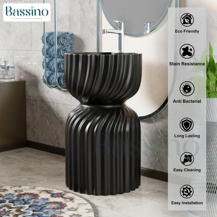 BASSINO Ceramic Free Standing Pedestal Wash Basin For Living Room and Bathroom,Home & Office Basin (18x18X33 Inch) (Black)