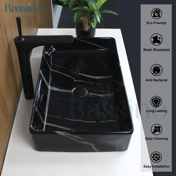 Premium Ceramic Table Top Wash Basin, Black Marble Finish (24 × 14 × 4.5 In) BTT-1587