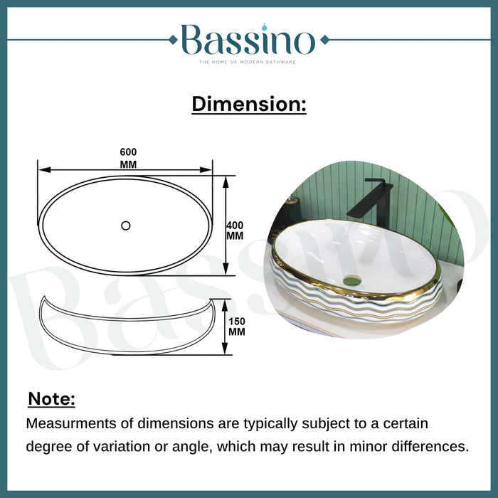 BASSINO Art Ceramic Wash Basin for Bathroom, Living Room, Hall, Dinning Room/Decorative Tabletop Sink for Kitchen/Countertop Vessel Sink for Hotels-White Gold,(24x16x6 Inch)