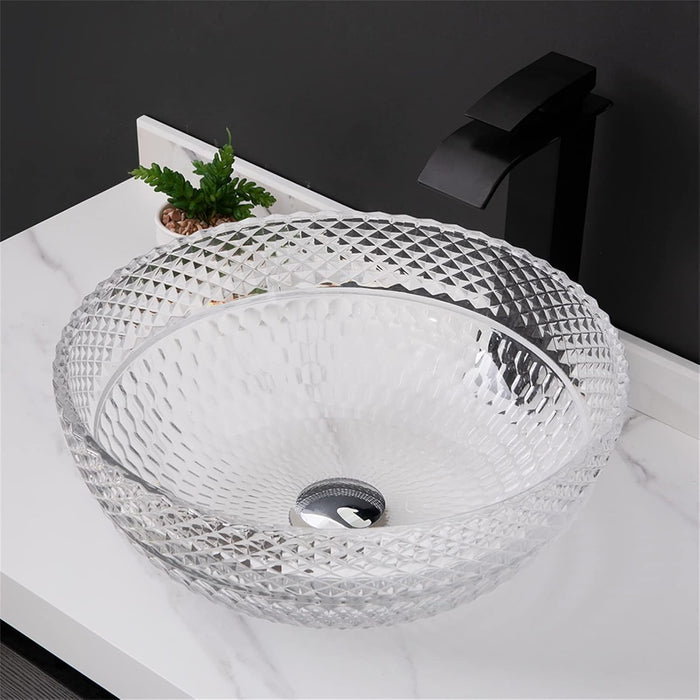 Bassino Modern Transparent Glass Wash Basin | Stylish Countertop Wash Basin for Bathroom–395x395x160 mm White