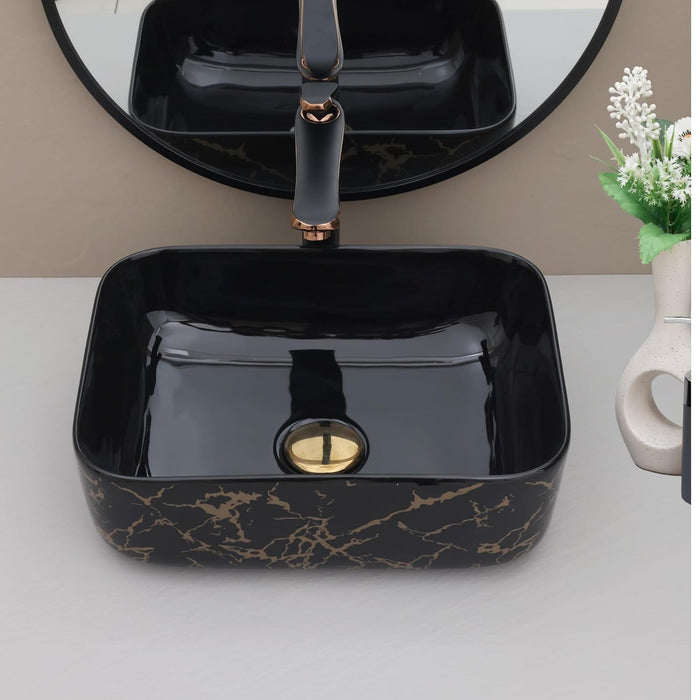 Designer Black Gold Ceramic Table Top Wash Basin (16x12x6 In) BTT-11421-IN