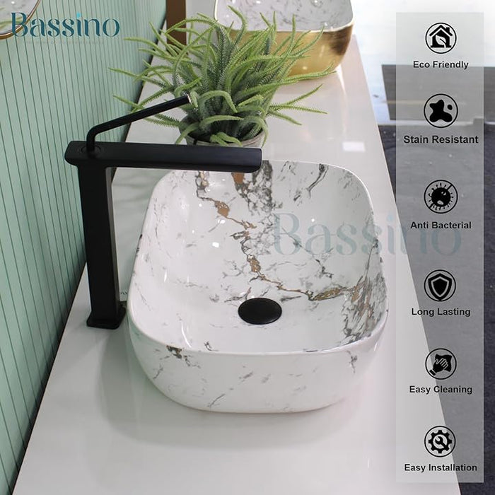 Premium White Marble Ceramic Table Top Basin (18x13x5 In) BTT-751-IN