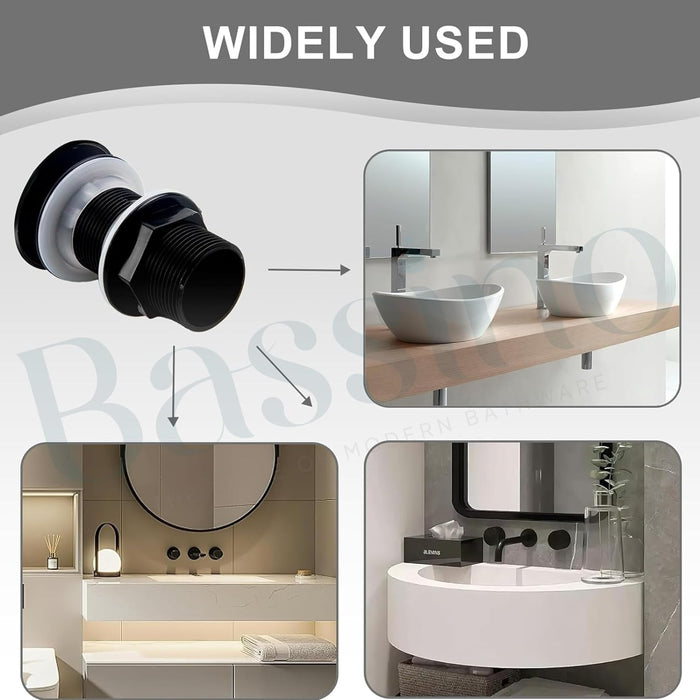 Bassino 6" Heavy-Duty Brass Rust-Proof Pop-Up for Basin | Black glossy Waste Coupling 32mm (6 Inch) Drain Coupling