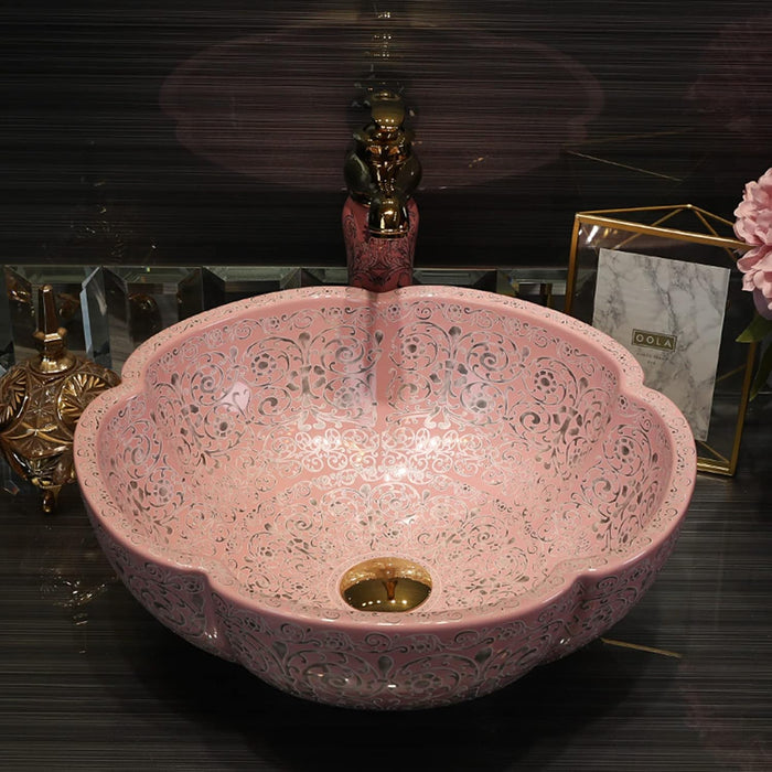 Designer Round Ceramic Wash Basin (Matt Pink, Floral Art Design 16.5 x 16.5 x5 In- AB602)
