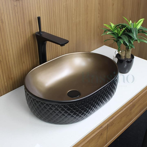 Premium Black Brown Ceramic Table Top Basin (20x14x6 In) BTT-11079