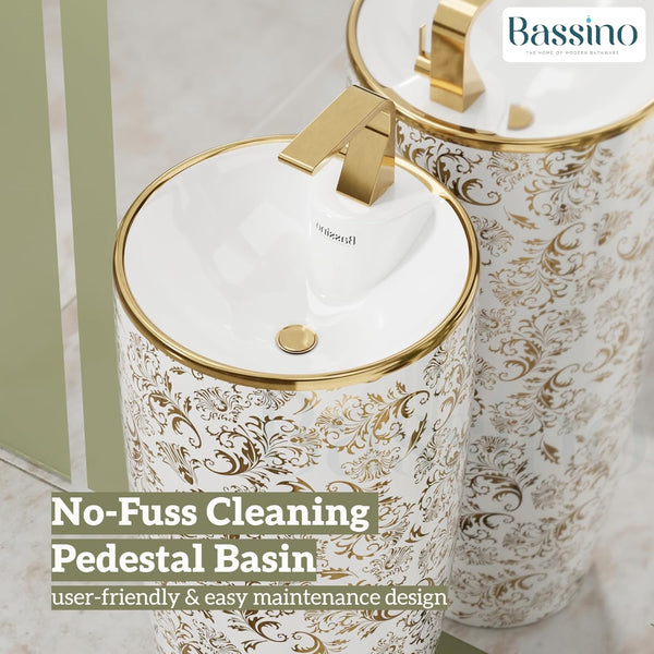 Premium Ceramic Pedestal Wash Basin, White Glossy (15 × 15 × 34 In) BPB-788