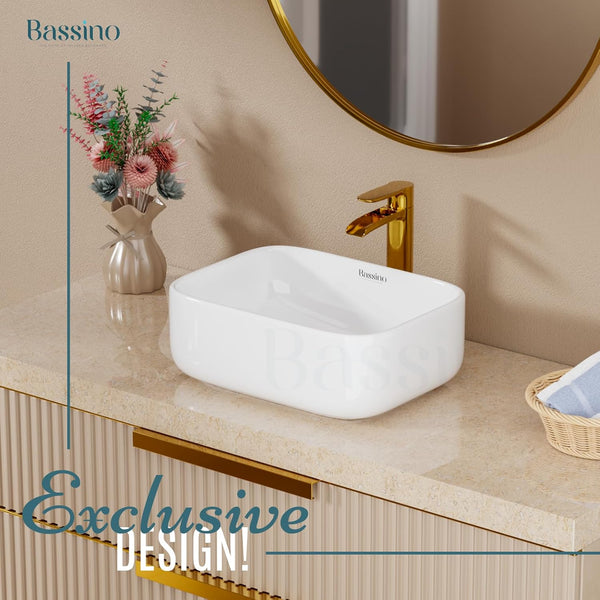 Premium Ceramic Table Top Wash Basin, White Glossy Rectangular Contemporary Design (16x12x6 Inch) BTT-W57