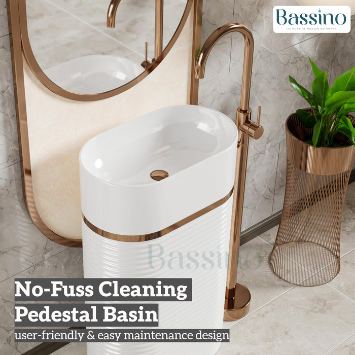BASSINO Ceramic Free Standing Pedestal Wash Basin For Living Room and Bathroom,Home & Office Basin (510X355X830 MM, White-Glossy) BPB-743