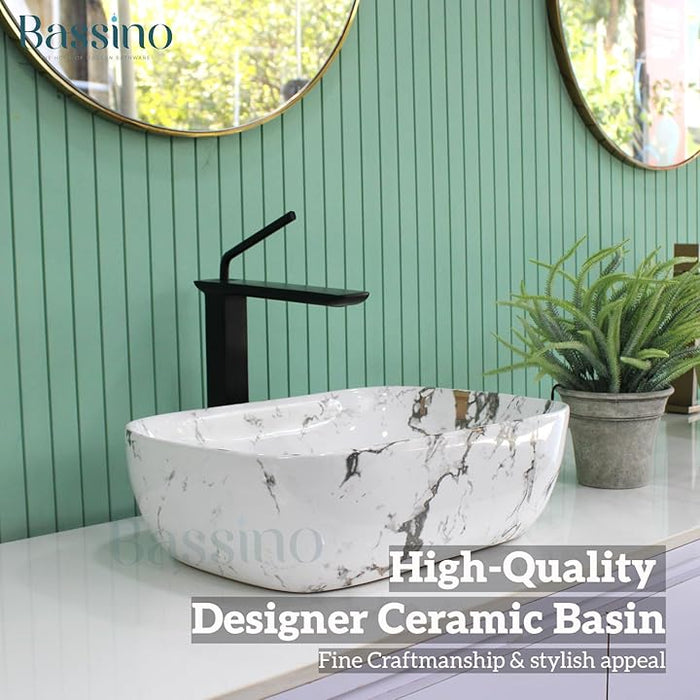 Premium White Marble Ceramic Table Top Basin (18x13x5 In) BTT-751-IN