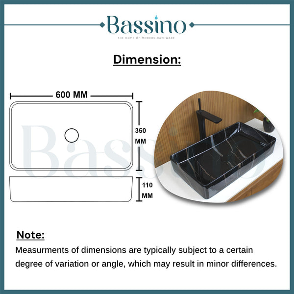 Premium Ceramic Table Top Wash Basin, Black Marble Finish (24 × 14 × 4.5 In) BTT-1587