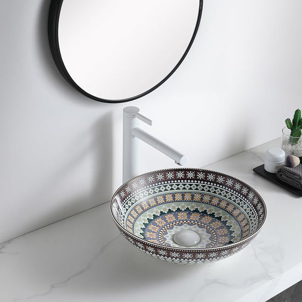 Designer Round Ceramic Countertop Basin Traditional Multicolor Pattern (16 x 16 x5 In- AB676)