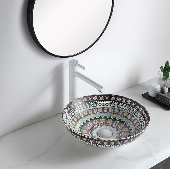 Designer Round Ceramic Countertop Basin (Traditional Multicolor Pattern (16 x 16 x5 In- AB676)