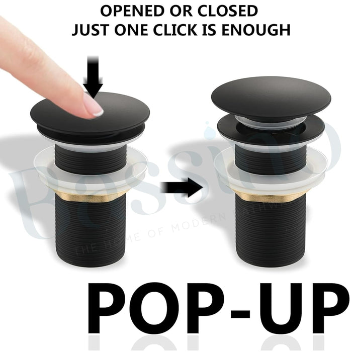 Bassino 6" Heavy-Duty Brass Rust-Proof Pop-Up for Basin | Black glossy Waste Coupling 32mm (6 Inch) Drain Coupling
