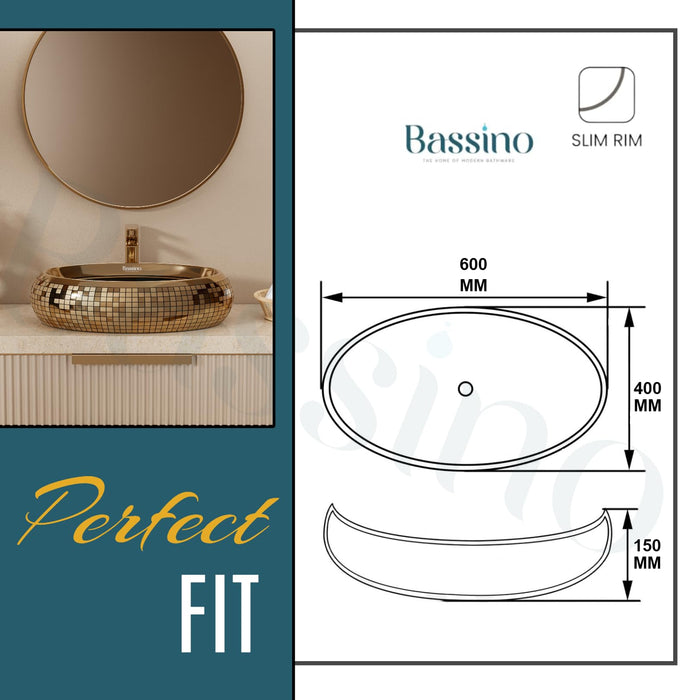 BASSINO Ceramic Wash Basin Black Rosegold Table Top Washbasin Countertop Vessel Sink for Bathroom Kitchen Dining Living Room Modern Ceramic Basin Solid Surface Installation 24x16x6 Inch (BTT-11308)