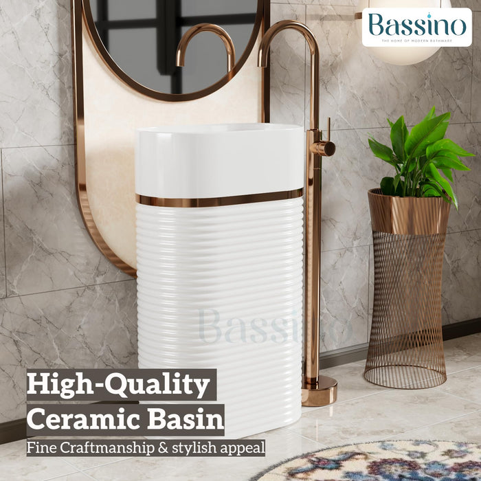 BASSINO Ceramic Free Standing Pedestal Wash Basin For Living Room and Bathroom,Home & Office Basin (510X355X830 MM, White-Glossy) BPB-743