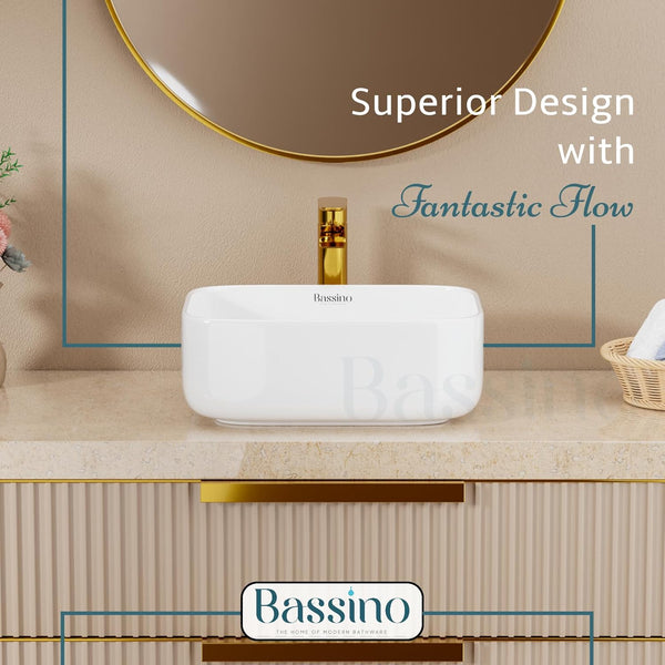 Premium Ceramic Table Top Wash Basin, White Glossy Rectangular Contemporary Design (16x12x6 Inch) BTT-W57