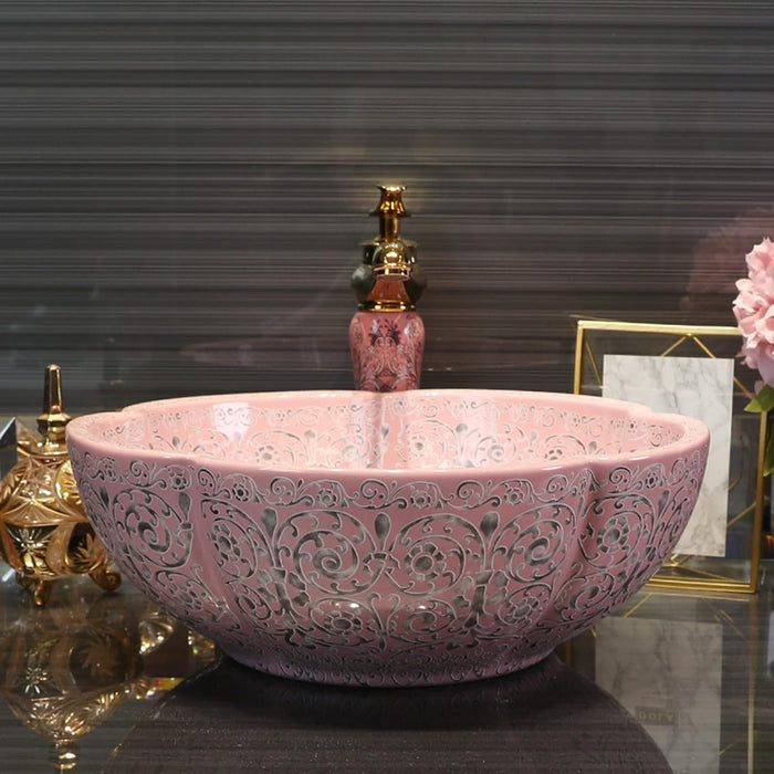 Designer Round Ceramic Wash Basin (Matt Pink, Floral Art Design 16.5 x 16.5 x5 In- AB602)
