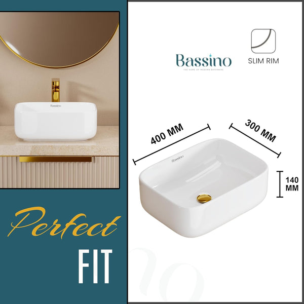 Premium Ceramic Table Top Wash Basin, White Glossy Rectangular Contemporary Design (16x12x6 Inch) BTT-W57