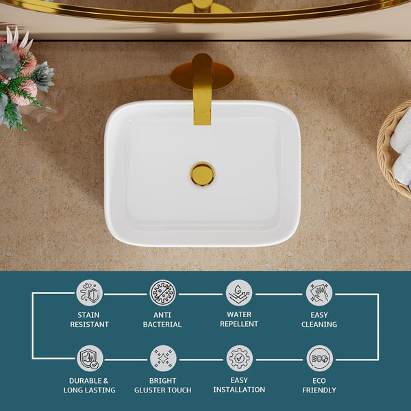 Premium Ceramic Table Top Wash Basin, White Glossy Rectangular Contemporary Design (16x12x6 Inch) BTT-W57