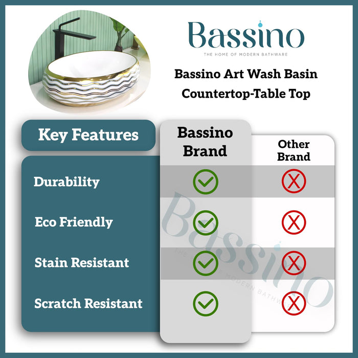 BASSINO Art Ceramic Wash Basin for Bathroom, Living Room, Hall, Dinning Room/Decorative Tabletop Sink for Kitchen/Countertop Vessel Sink for Hotels-White Gold,(24x16x6 Inch)