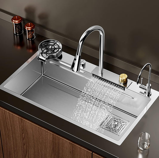 Bassino Sink Farmhouse Sink SUS 304 Stainless Steel Kitchen Sink Raindance Waterfall Sink Workstation Sink Laundry Sink W/Pull-Out Faucet,Small Basin,Cutting Board,For Garden Home Bar