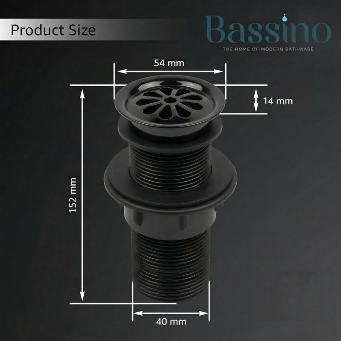 BASSINO 6 Inch Basin Waste Coupling Nylon Thread Body with Brass Jali Head/Heavy Duty Bathroom Sink Drain for Wash Basin Universal Fit Drain(Black)
