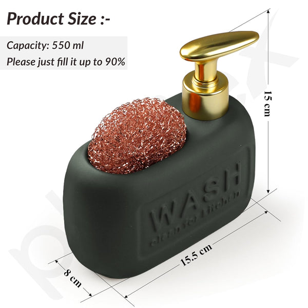 Ceramic Kitchen Liquid Soap Dispenser with Scrubber – Premium Sink Dishwashing Holder Grey