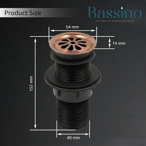 BASSINO 6 Inch Basin Waste Coupling Nylon Thread Body with Brass Jali Head/Heavy Duty Bathroom Sink Drain for Wash Basin Universal Fit Drain(Rose Gold)