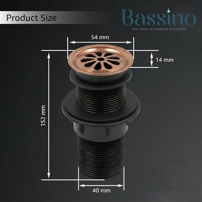 BASSINO 6 Inch Basin Waste Coupling Nylon Thread Body with Brass Jali Head/Heavy Duty Bathroom Sink Drain for Wash Basin Universal Fit Drain(Rose Gold)