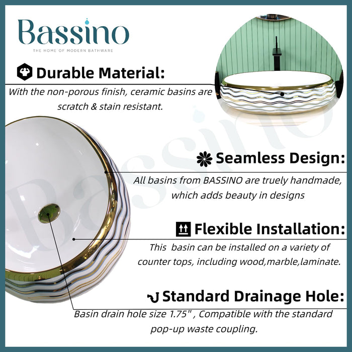 BASSINO Art Ceramic Wash Basin for Bathroom, Living Room, Hall, Dinning Room/Decorative Tabletop Sink for Kitchen/Countertop Vessel Sink for Hotels-White Gold,(24x16x6 Inch)