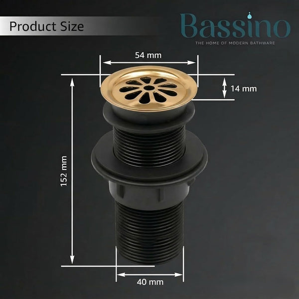 BASSINO 6 Inch Basin Waste Coupling Nylon Thread Body with Brass Jali Head/Heavy Duty Bathroom Sink Drain for Wash Basin Universal Fit Drain(Gold)